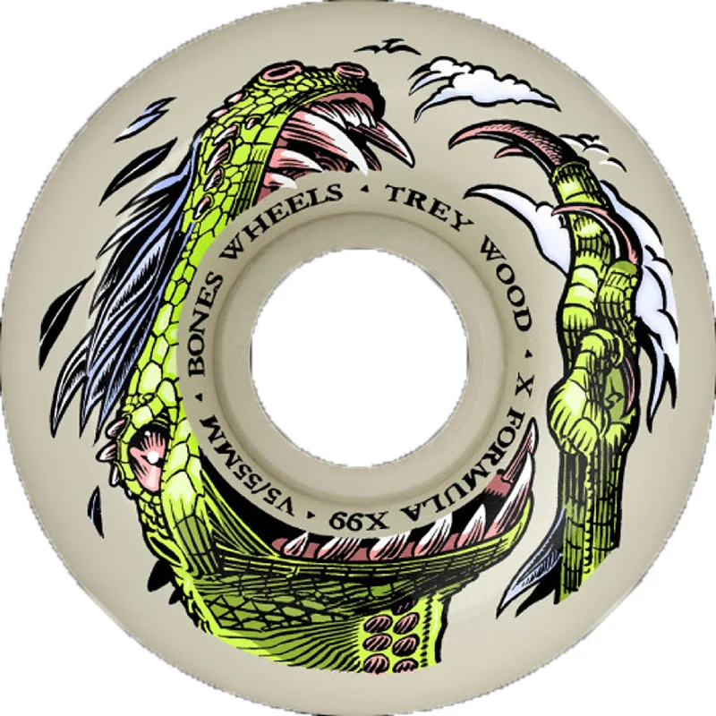 Skateboard Wheels For Steady Ride Performance-Bones Wood Dino-Sortas X-Formula V5 Sidecut 55mm 99a Wheels Natural