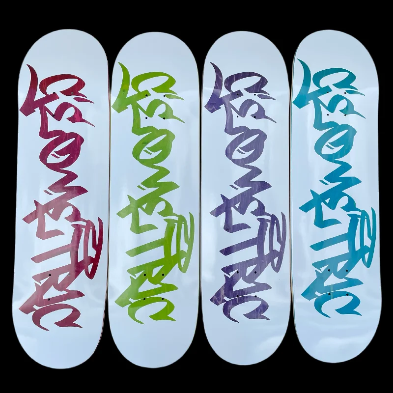 Skateboard Deck For Low-Weight Performance-Geometric Script Shop Deck White Mixed Veneers